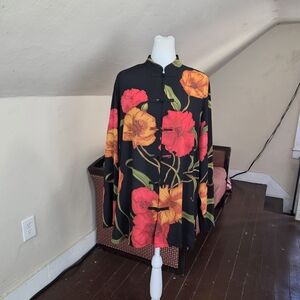 Harari 100% Silk Mandarin Collar Floral Chinese Knot Button Blouse Tunic M